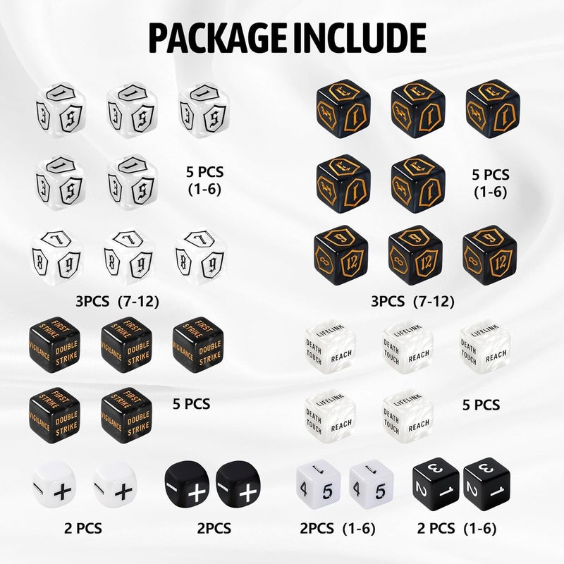 Ravonixis 100 PCS MTG Dice Set – Ability Keyword Counters, +1/-1 Life Counter Shield Shaped Dice, D20 Number Dice, Buff Tokens, with 2 Velvet Bags for Storage - Image 4